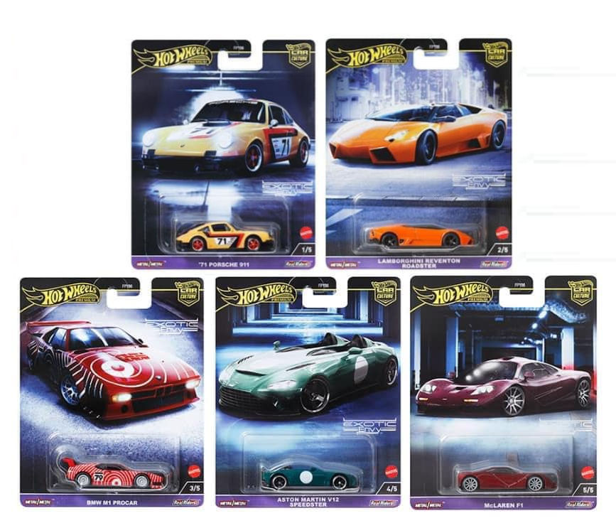 HOT WHEELS 2024 1:64 CAR CULTURE 2024 EXOTIC ENVY - SET OF 5 - PORSCHE, LAMBORGHINI, BMW ASTON MCLAREN