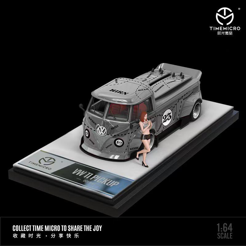 TIMEMICRO 1:64  VOLKSWAGEN T1 PICK UP TRUCK WIDE BODY SILVER - With Figurine