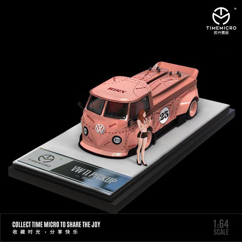 TIMEMICRO 1:64 VOLKSWAGEN T1 PICK UP TRUCK WIDE BODY PINK WITH FIGURINE