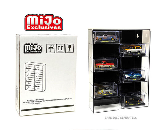 Showcase 1:64 12-Car Display Case Wall Mount Plastic Black Back Version With Cover (10.03″ x 3.03″ x 13.62″) – MiJo Exclusives