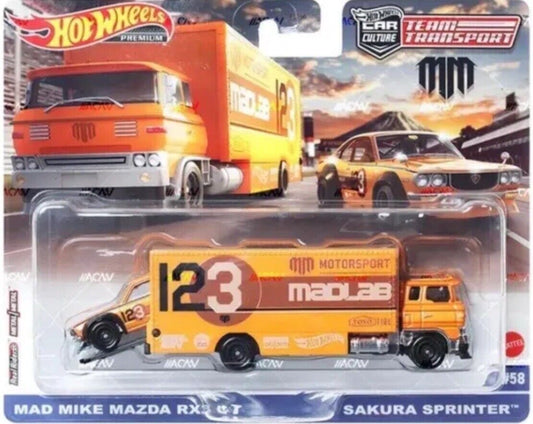 2023 HOT WHEELS TEAM TRANSPORT MAD MIKE MAZDA RX3 GT& SAKURA SPRINTER #58