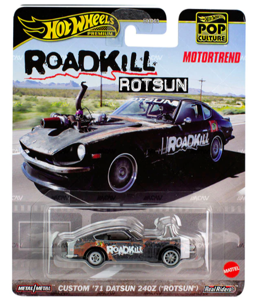 Hot Wheels 2024 Pop Culture Premium Roadkill Rotsun Custom '71 Datsun 240Z - DAMAGE TO CARD