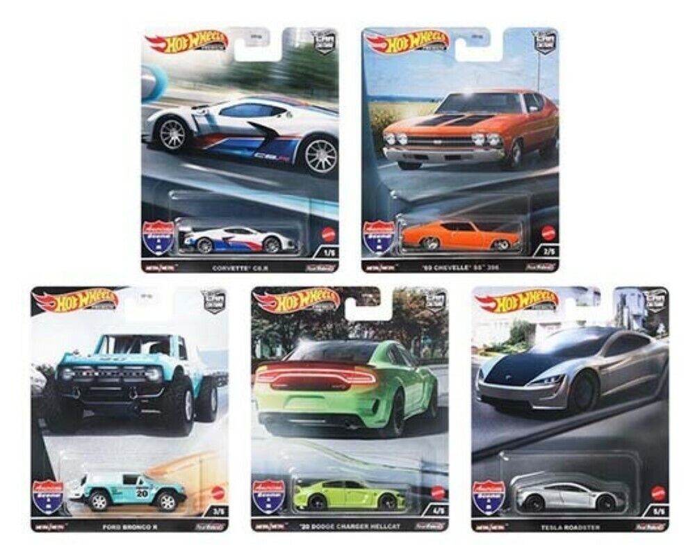 HOT WHEELS 2022 CAR CULTURE AMERICAN SCENE SET OF 5 - CORVETTE, CHEVELLE, FORD, DODGE, TESLA