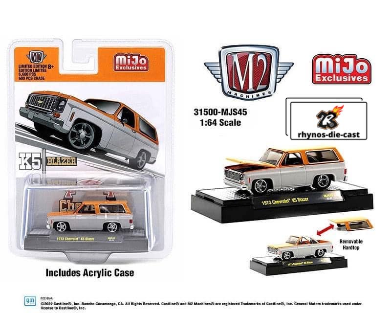 M2 Machines 1:64 1973 Chevrolet K5 Blazer with Removable Hardtop (Custom White and Orange Two-Tone)-MiJo Exclusives