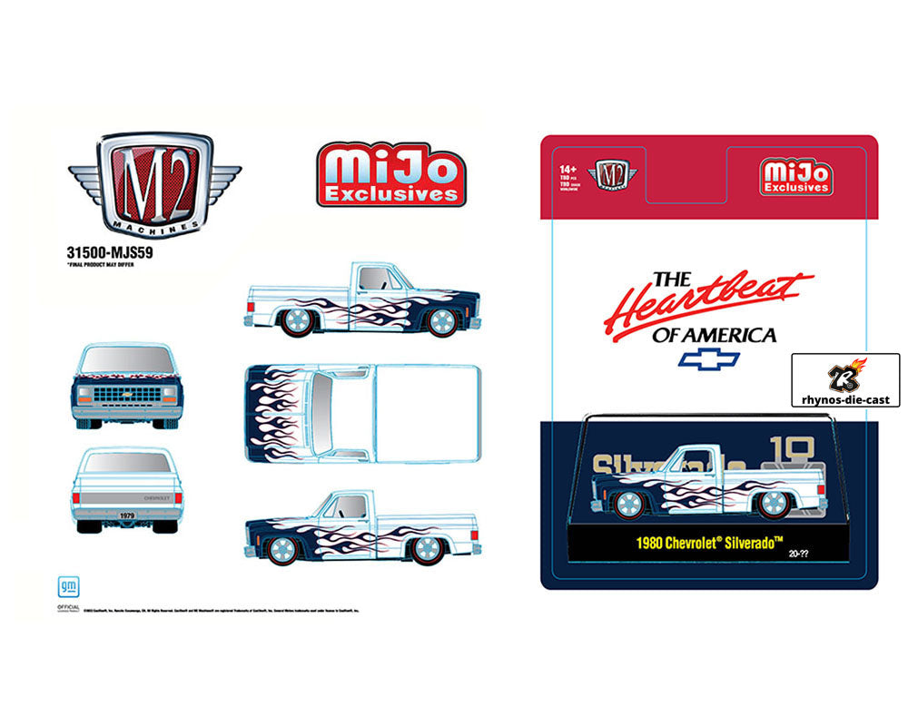 M2 Machines 1:64 1980 Chevrolet Silverado White w/ Blue Flames – Mijo Exclusives